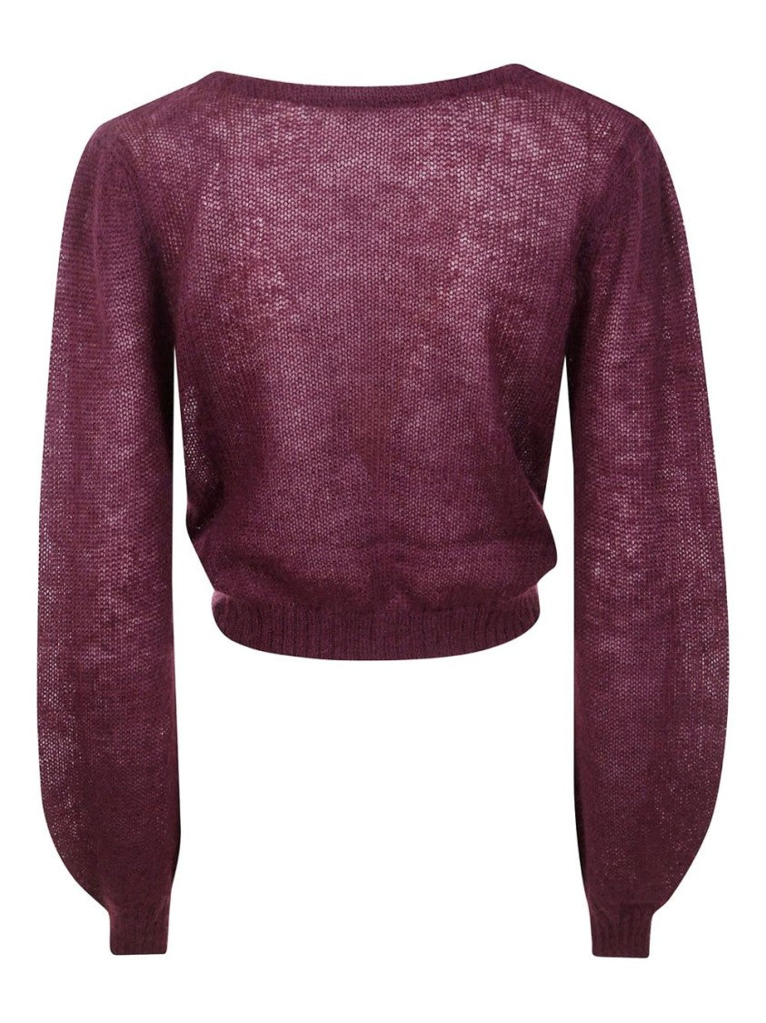 Twin-Set Cropped Bordeaux Sweater With Twisted Front Detail
