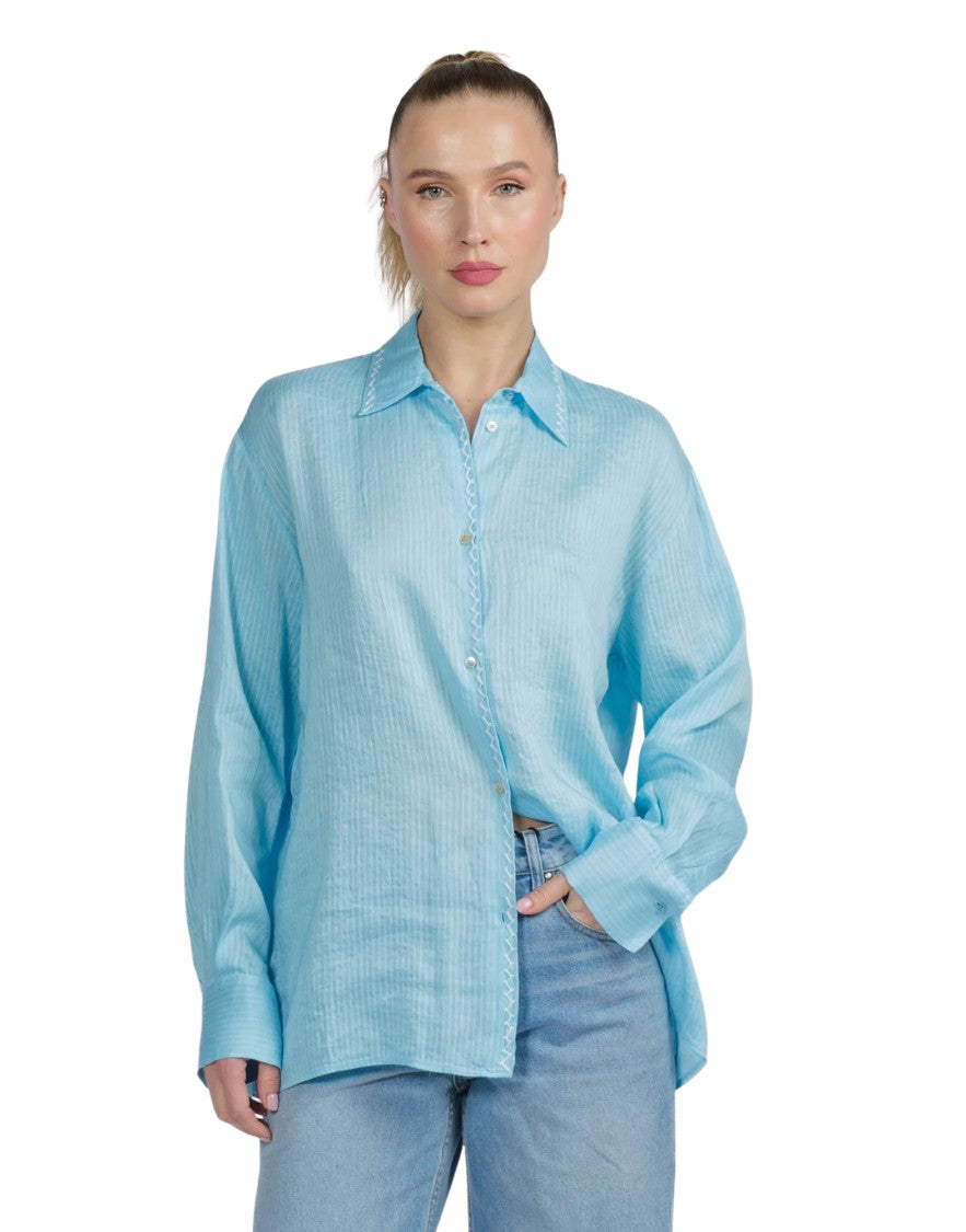 Forte Forte Turquoise Pinstripe Linen-Blend Embroidered Shirt