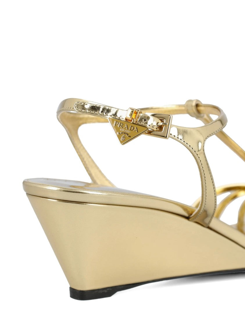 Prada Metallic Gold Wedge Crisscross Sandals