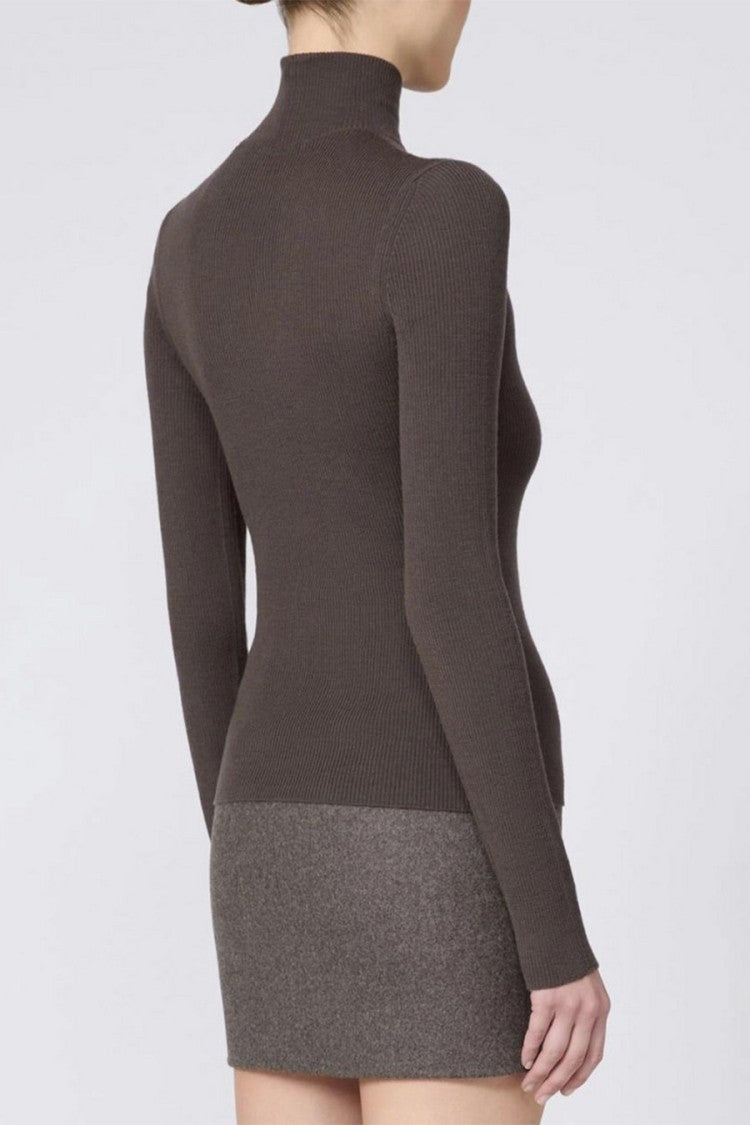 Max Mara Dark Brown Mxscavallo Ribbed Virgin Wool Turtleneck Sweater