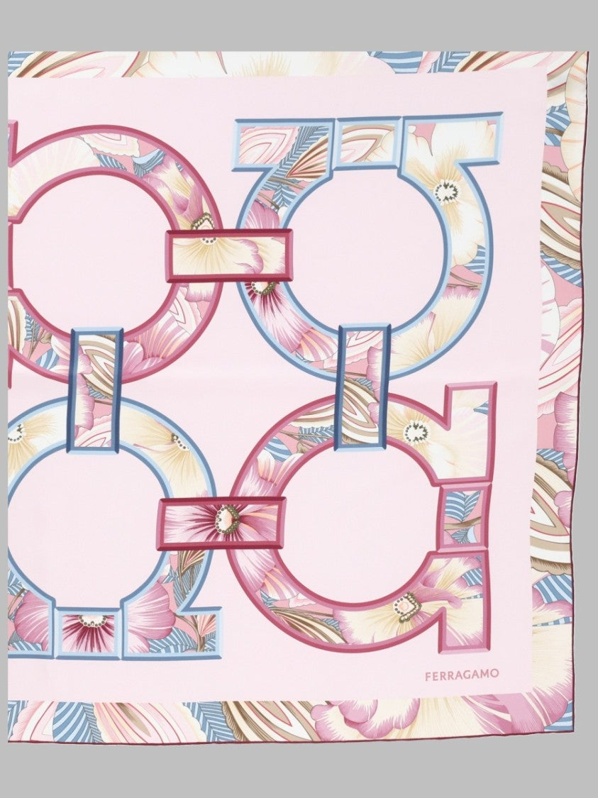 Ferragamo Square Pink Scarf With Geometric Floral Patterns