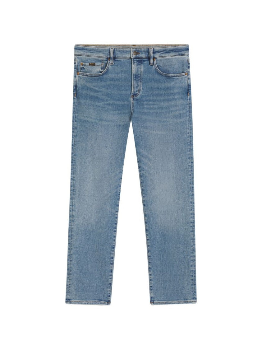 Boss Camel Light Blue Denim Jeans With Five-Pocket Design And Leather Patch