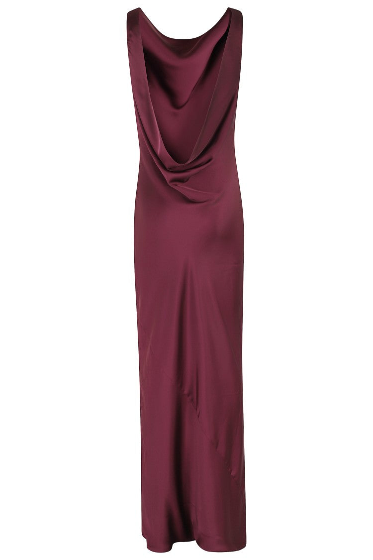 Norma Kamali Plum Sleeveless Low Back Draped Cowl-Neck Polyester Maxi Dress