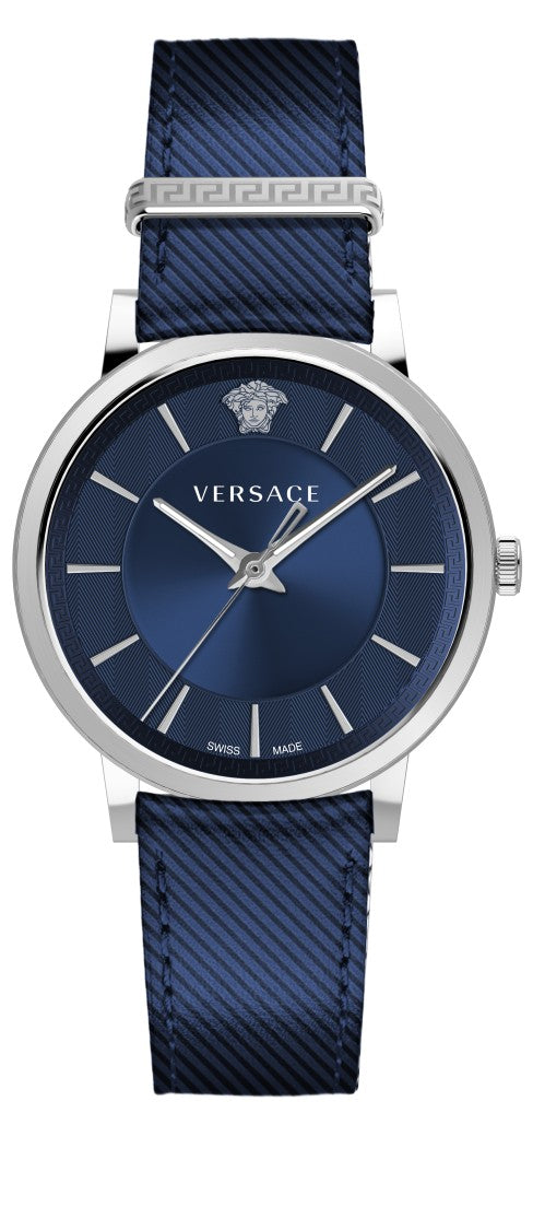 Versace Stainless Steel Quartz Watch With Deep Blue Dial And Calf Leather Strap