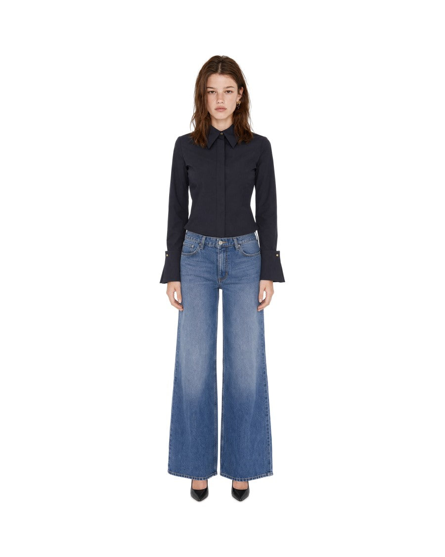 Elisabetta Franchi Navy Blue Flared Cuff Tailored Cotton Shirt