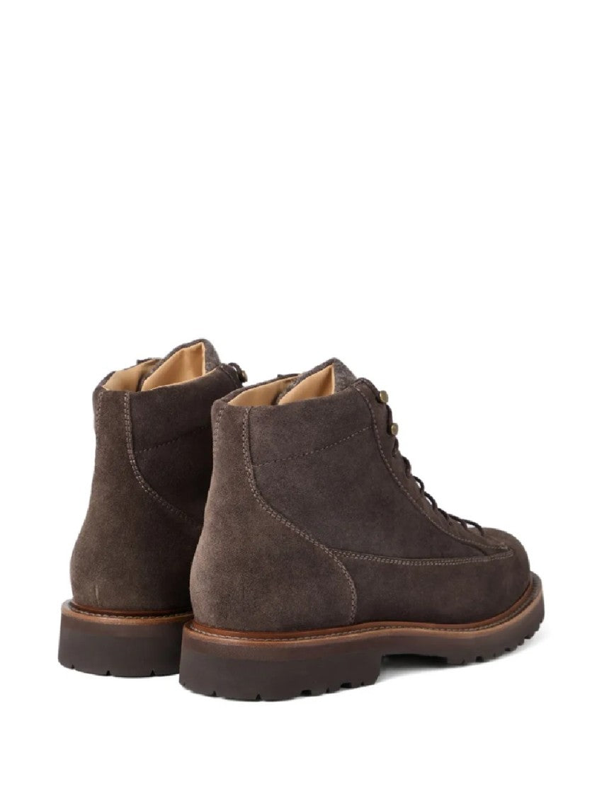 Brunello Cucinelli Brown Suede Lace-Up Boots With Rugged Design