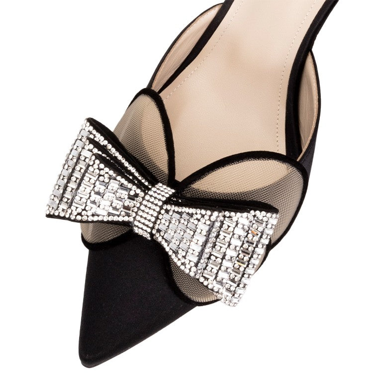 M+E' Satin-Embellished Black Sandals With Pointed Toe Design