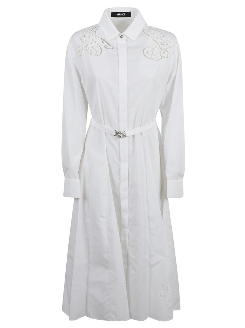 Versace White Shirt Dress With Cut-Out Floral Embroidery