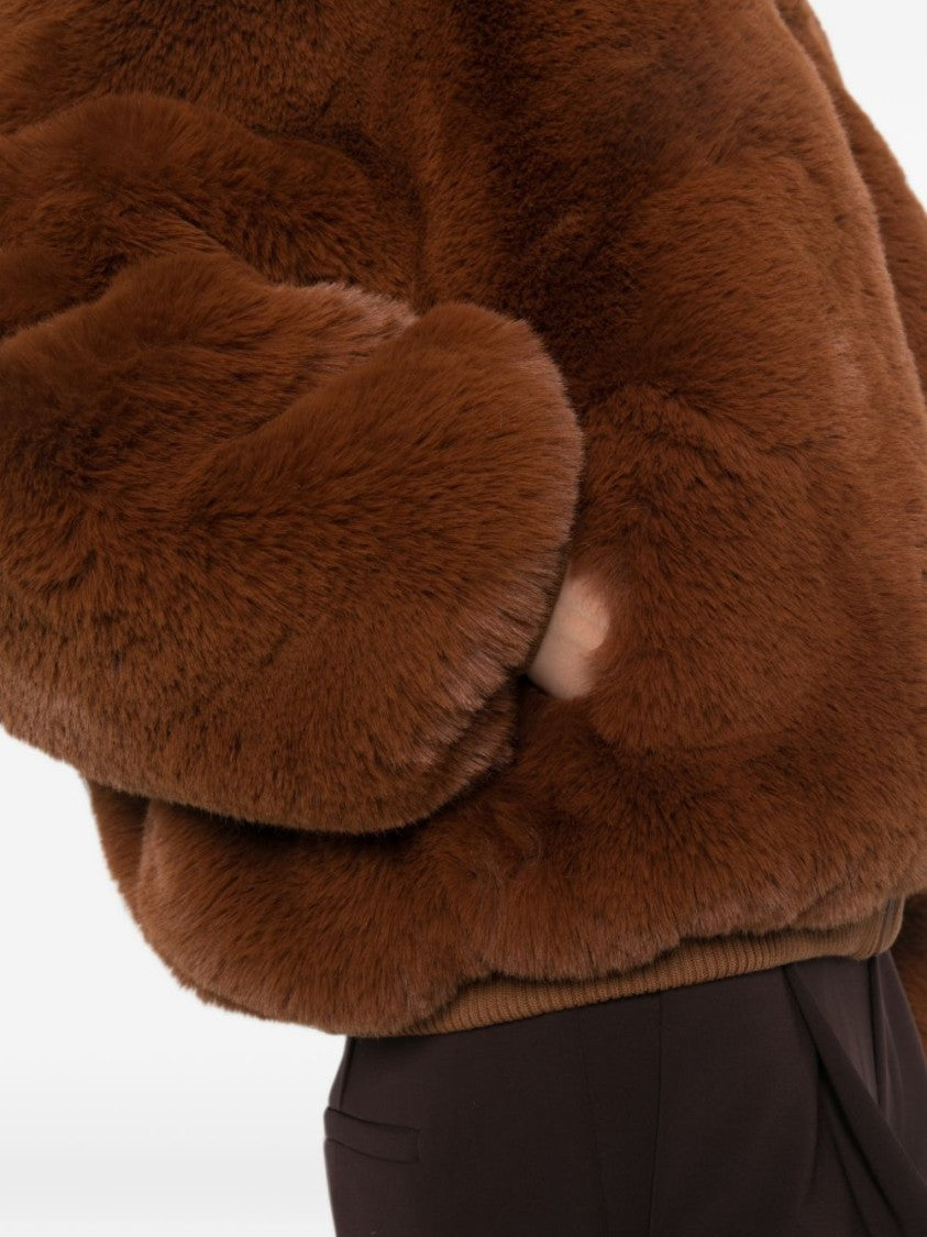 The Frankie Shop Brown Cropped Ribbed Faux Fur Jacket