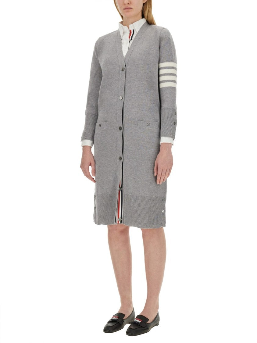 Thom Browne Virgn Wool Cardigan Dress With Sporty Stripe Detail