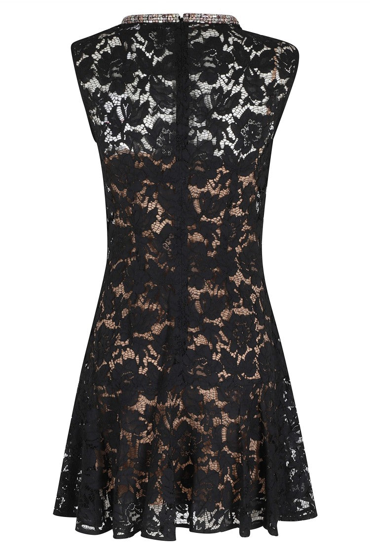 Self-Portrait Black Lace Crystal Mini Four-Pockets Polyamide-Blend Mini Dress