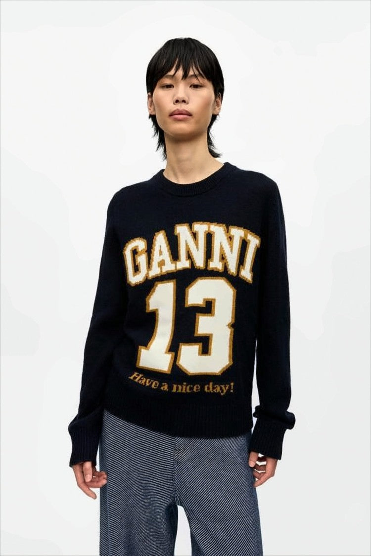 Ganni Classic Crew Neck Sweater With Graphic Text
