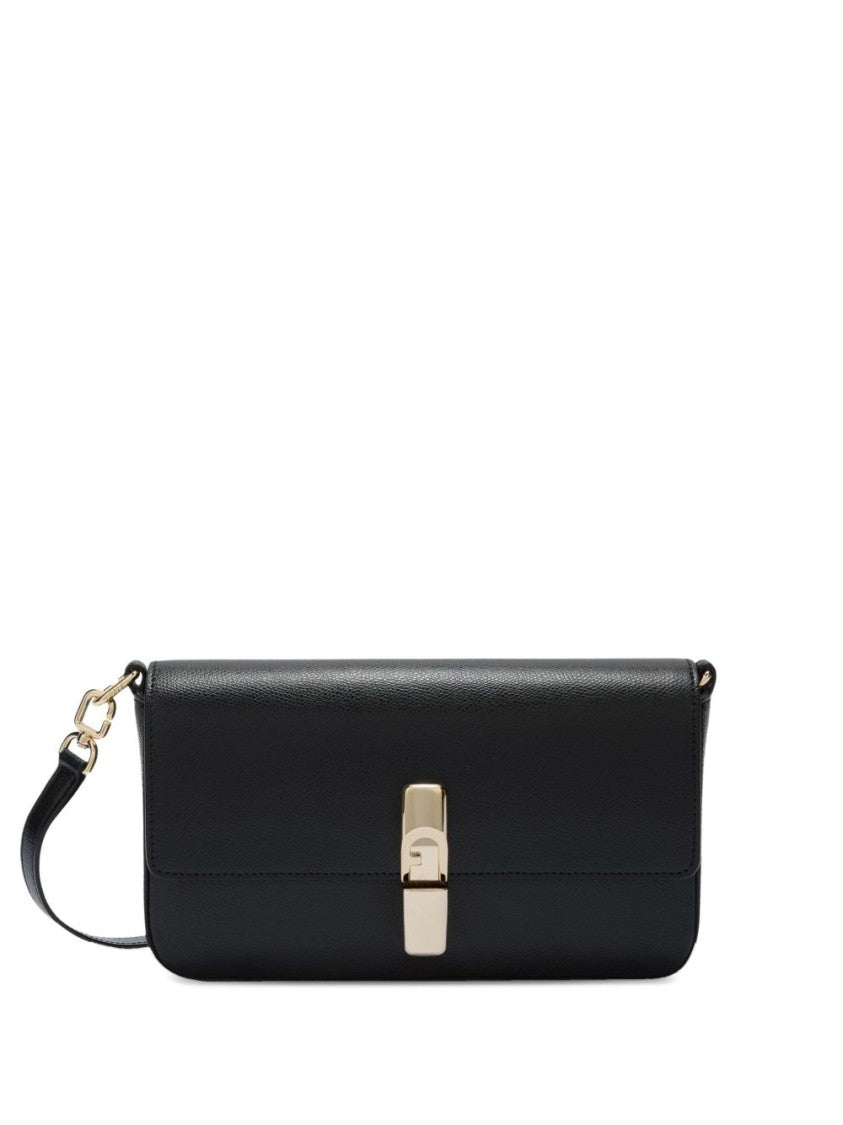 Furla Foldover Black Shoulder Bag With Gold Hardware
