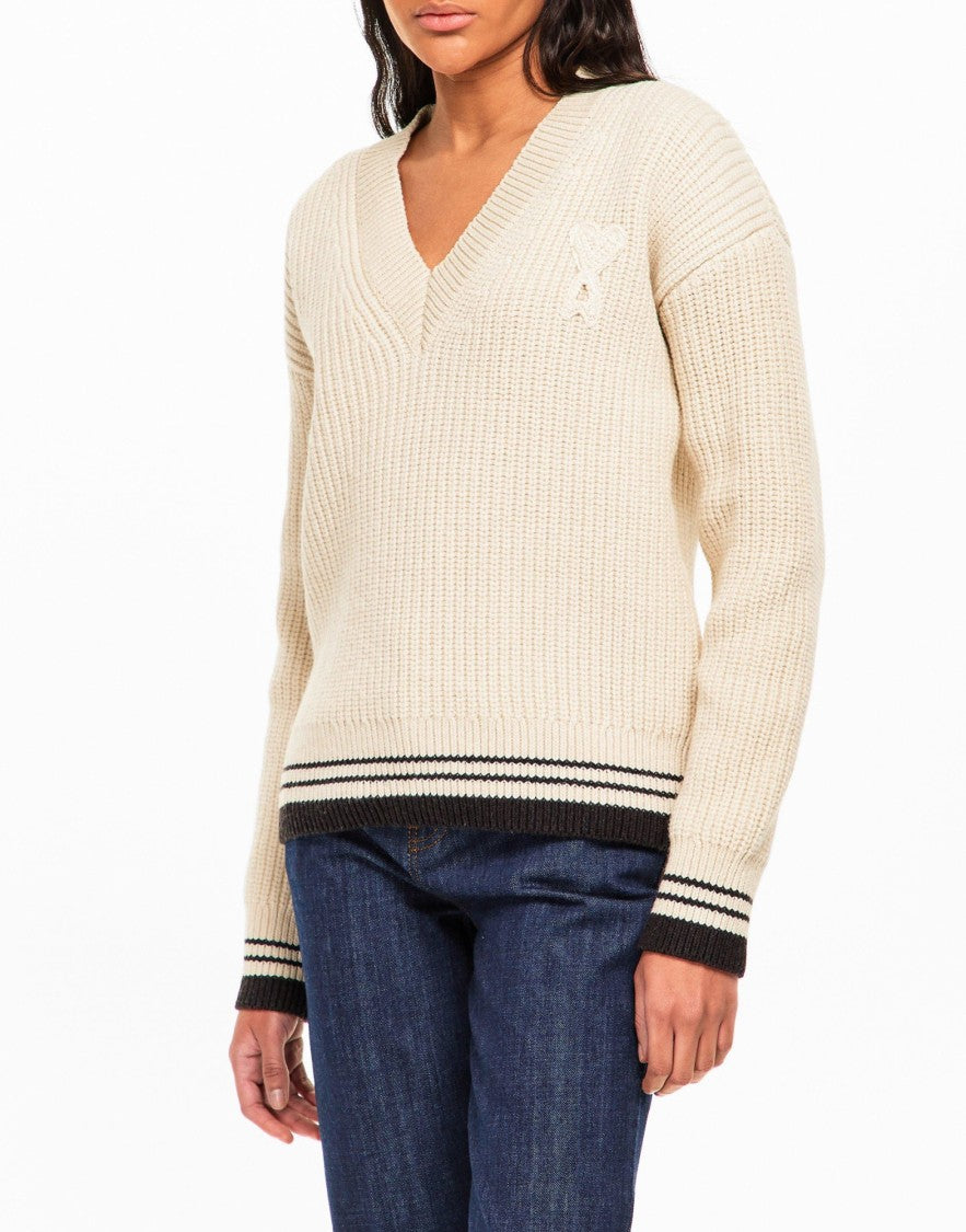 Ami Paris Ribbed V-Neck Knit Sweater With Logo Detailing