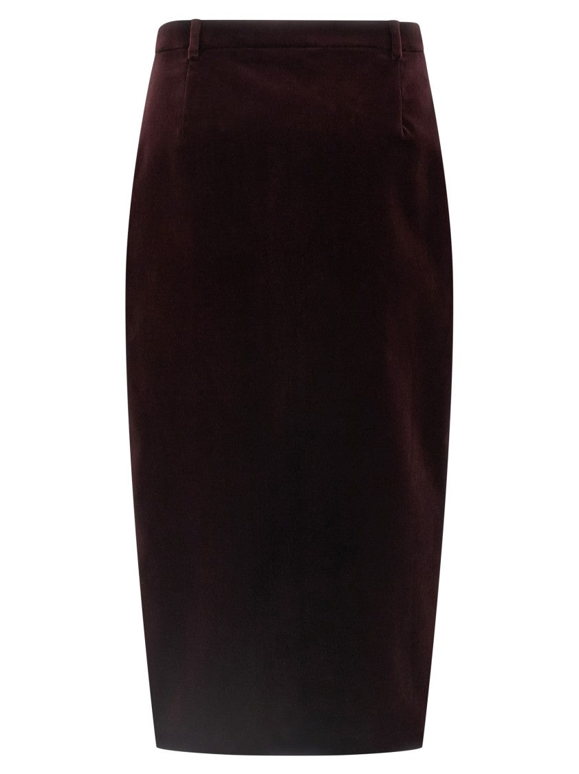 Saint Laurent Burgundy Cotton Velvet Midi Skirt With Silk Lining