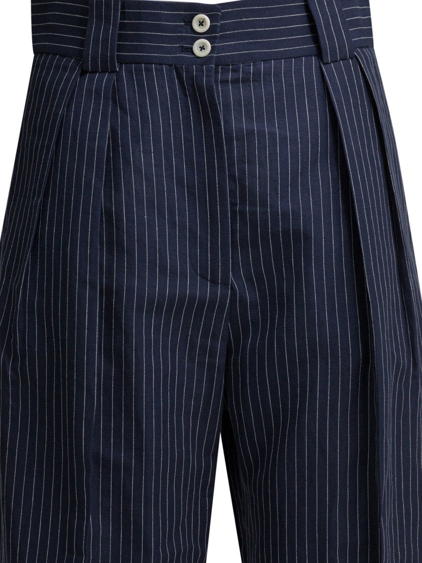Ines De La Fressange Navy Pinstriped Wide-Leg Trousers With Double-Button Waistband