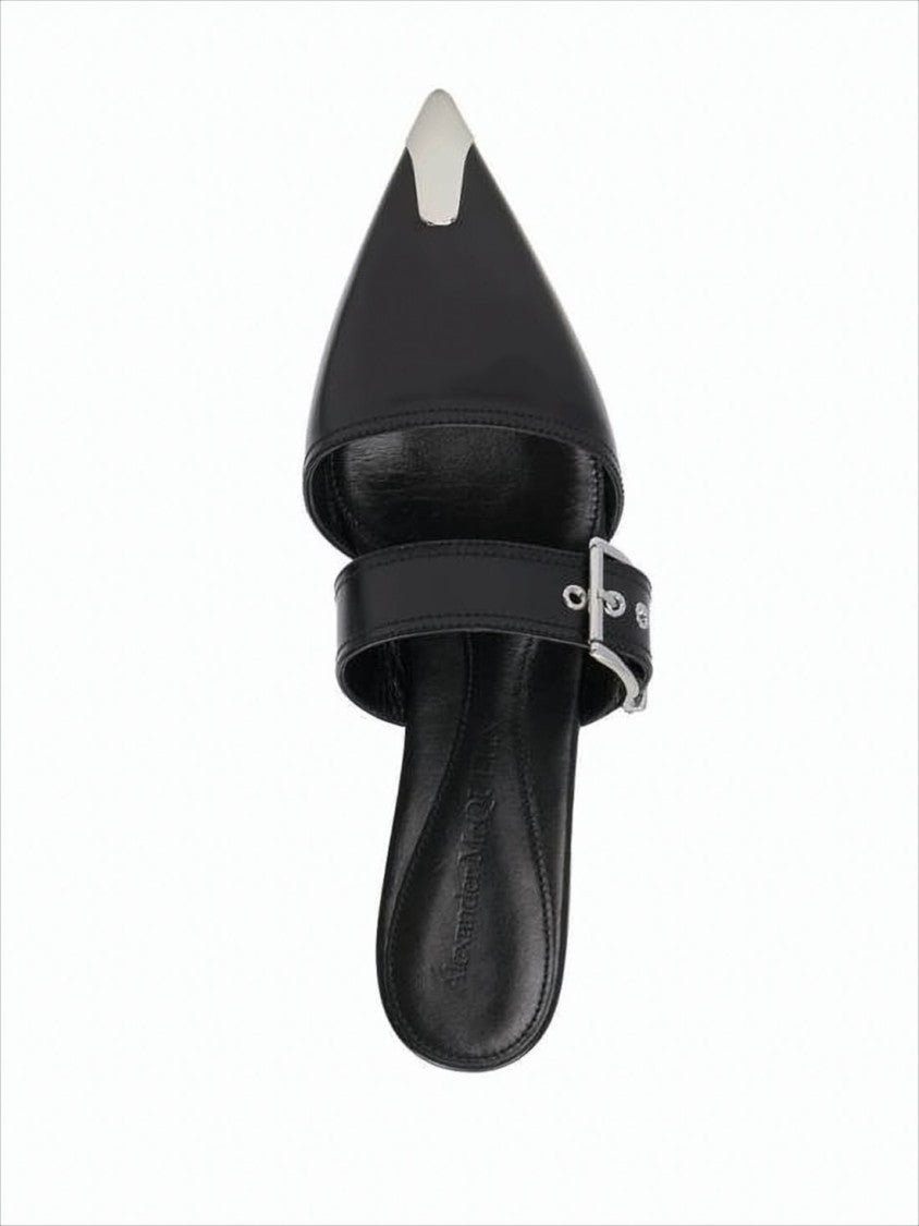 Alexander Mcqueen Pointed-Toe Leather Mule With Silver Buckle Detail