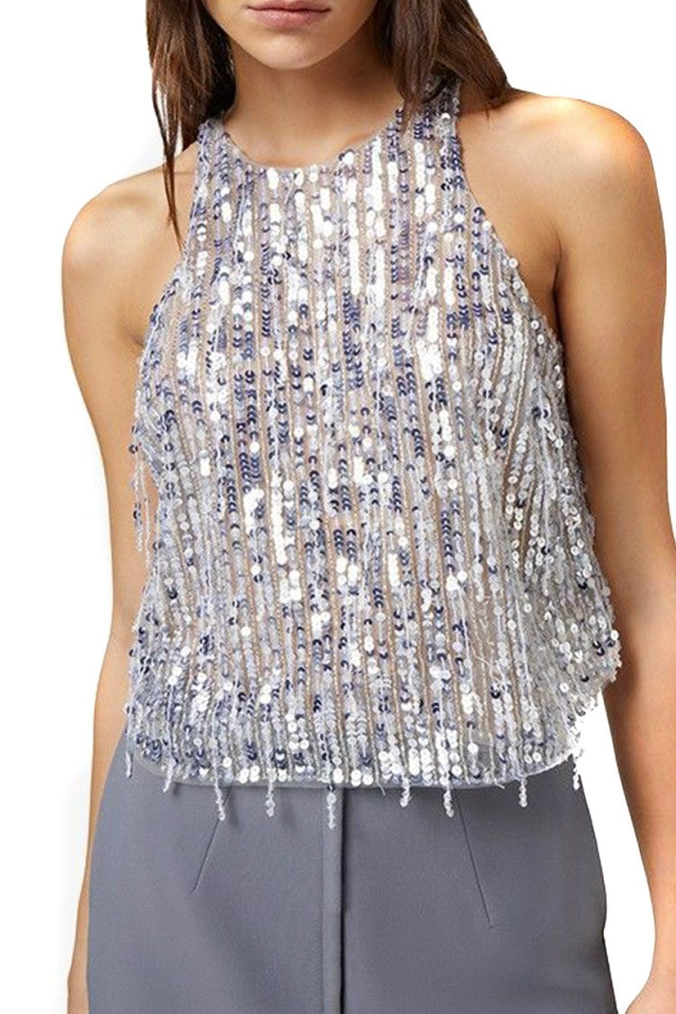 Elisabetta Franchi Sequined Halter Top With Fringe Detail And Silhouette