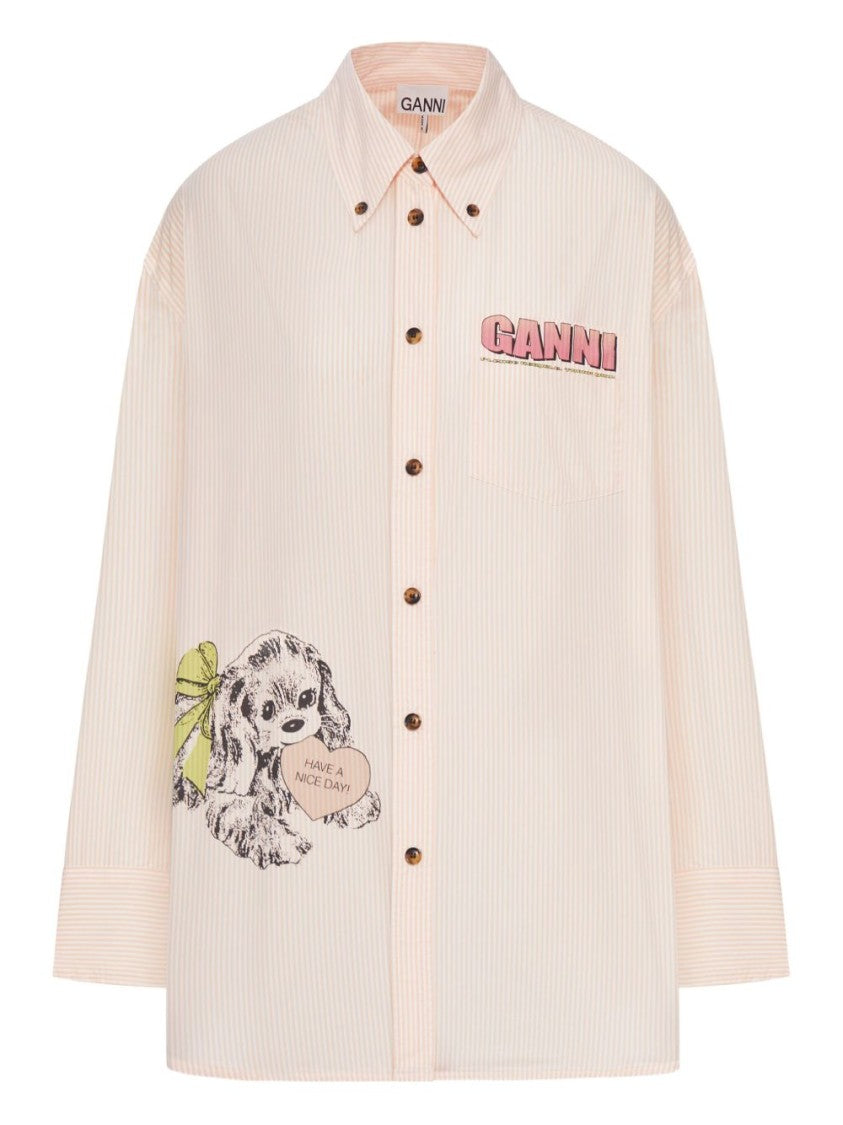 Ganni Light Pink Striped Shirt With Playful Graphic