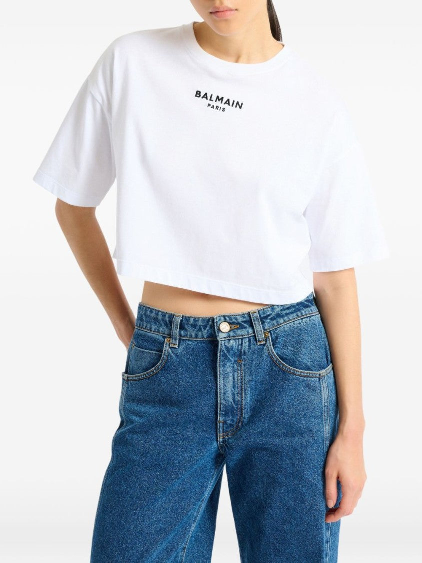 Balmain White Embroidered Cropped Ribbed Logo T-Shirt