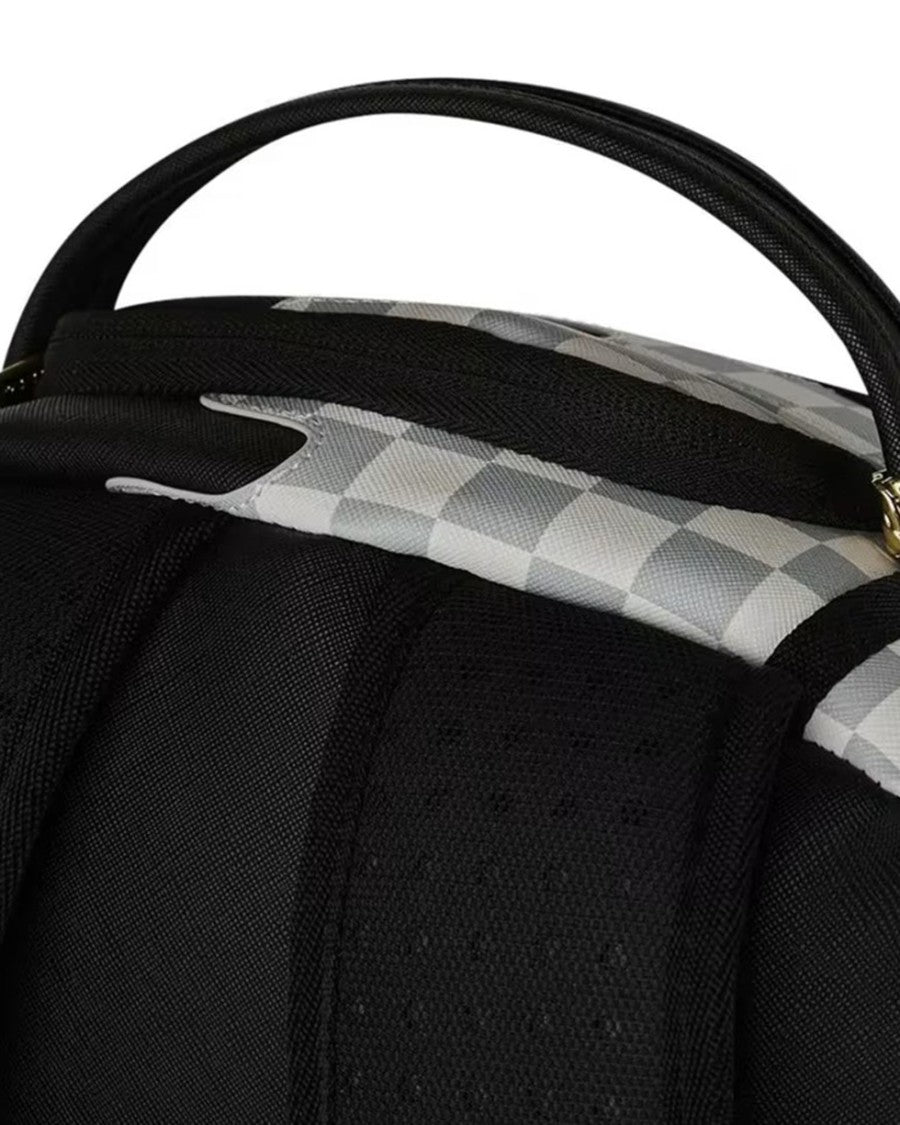 Sprayground Cream Checkered Backpack With Dripping Design And Gold Hardware
