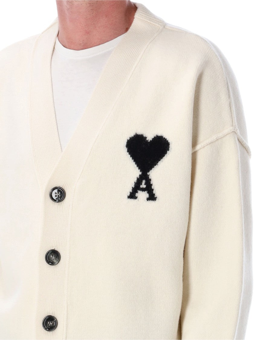 Ami Paris V-Neck Wool Cardigan With Intarsia Heart Detail