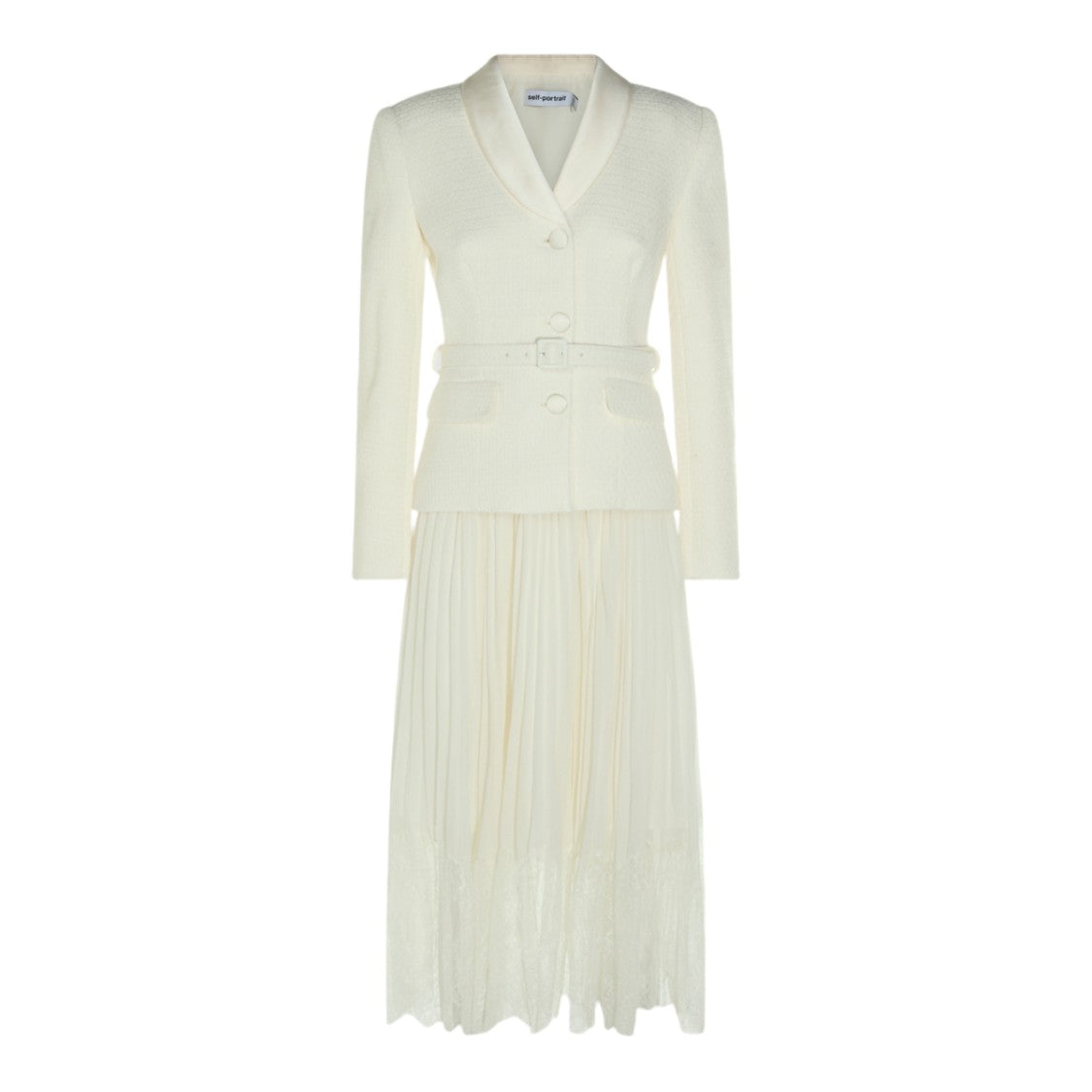 Self-Portrait Belted Midi Dress With Tailored Blazer Bodice And Lace Hem