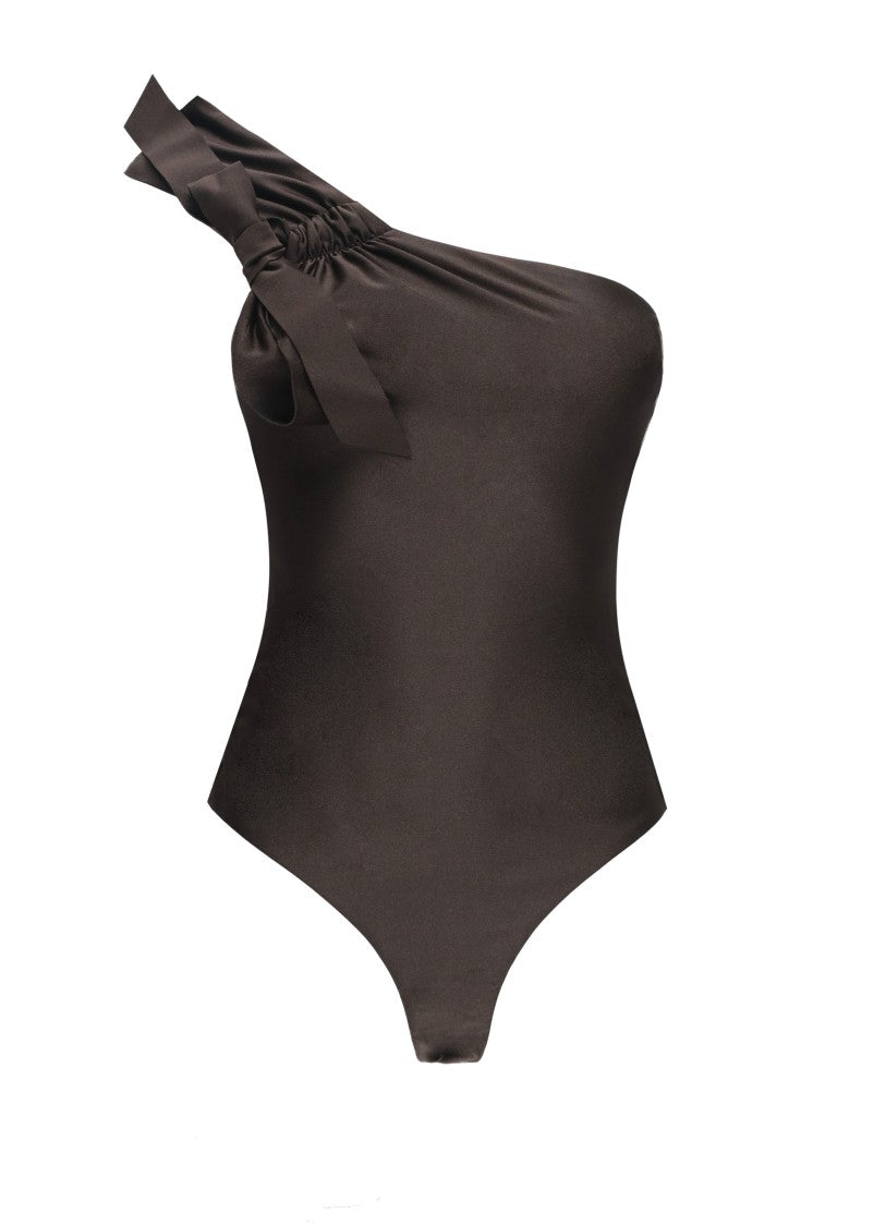Zimmermann Brown Bow One-Shoulder Swimsuit