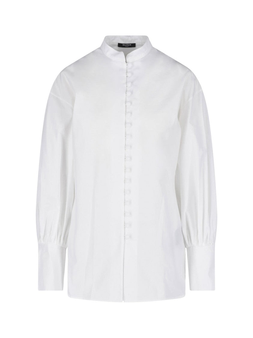 Balmain Mandarin Collar White Long-Sleeved Shirt With Gold-Tone Buttons