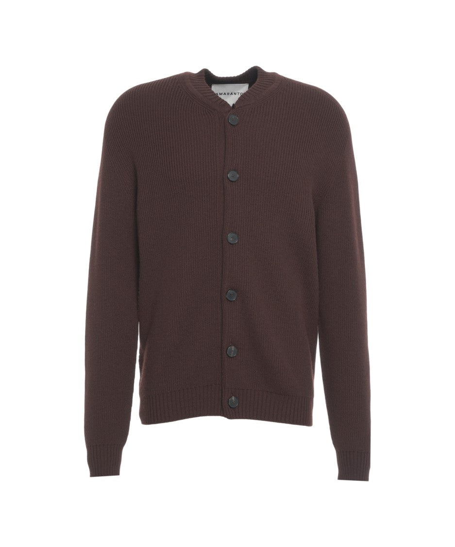 Amaranto Ribbed Wool Cardigan With Classic Round Neckline