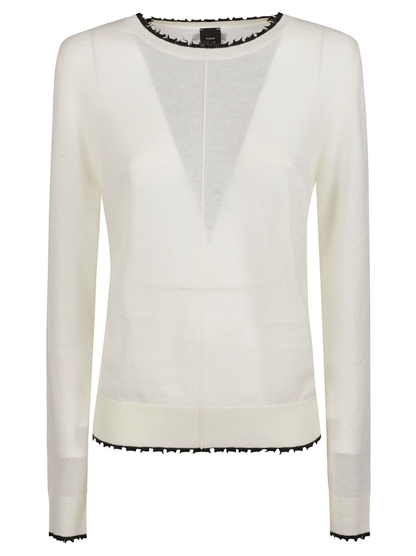 Pinko Round Neck Sweater With Sheer Panels And Black Trim