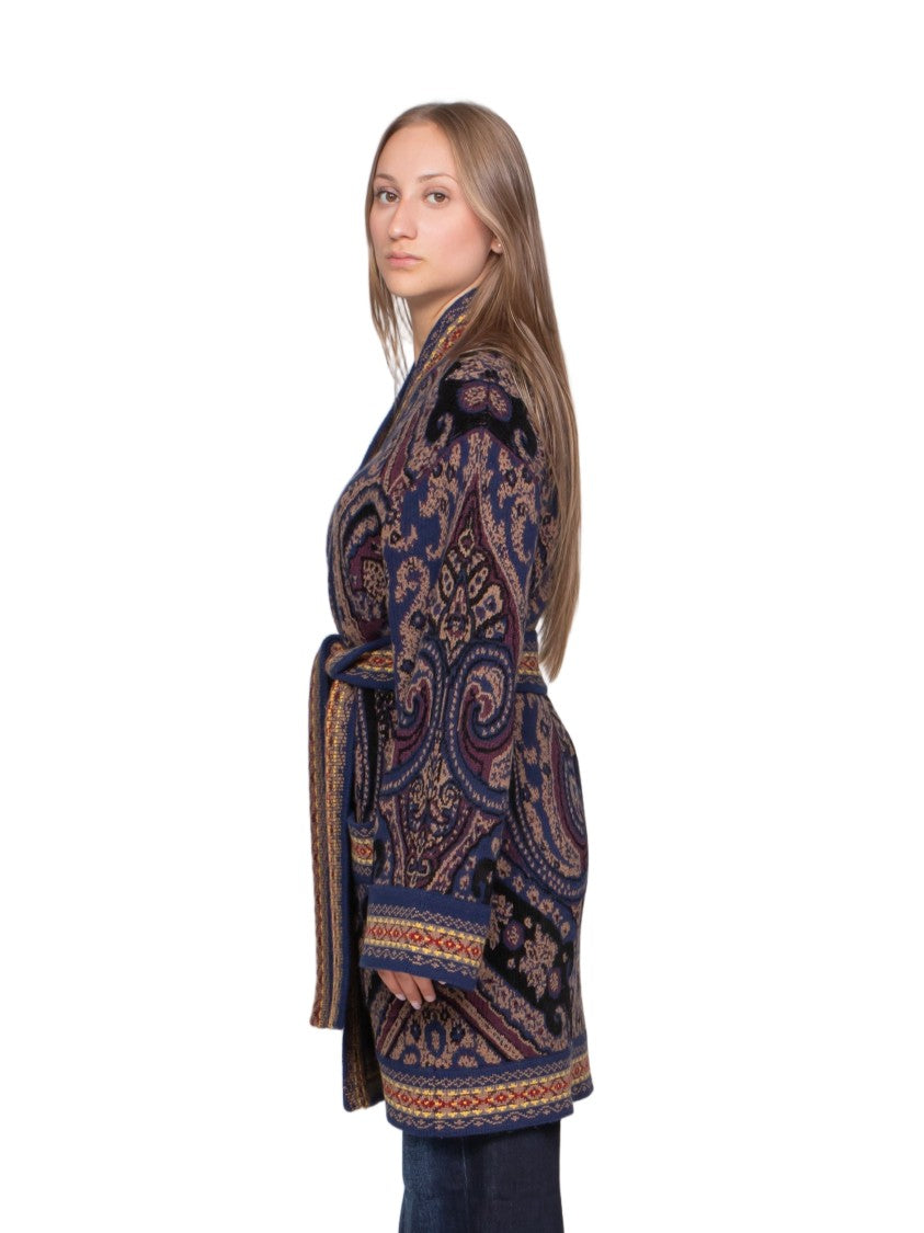 Etro Ornamental Paisley Cardigan With Belted Waist And Geometric Trim