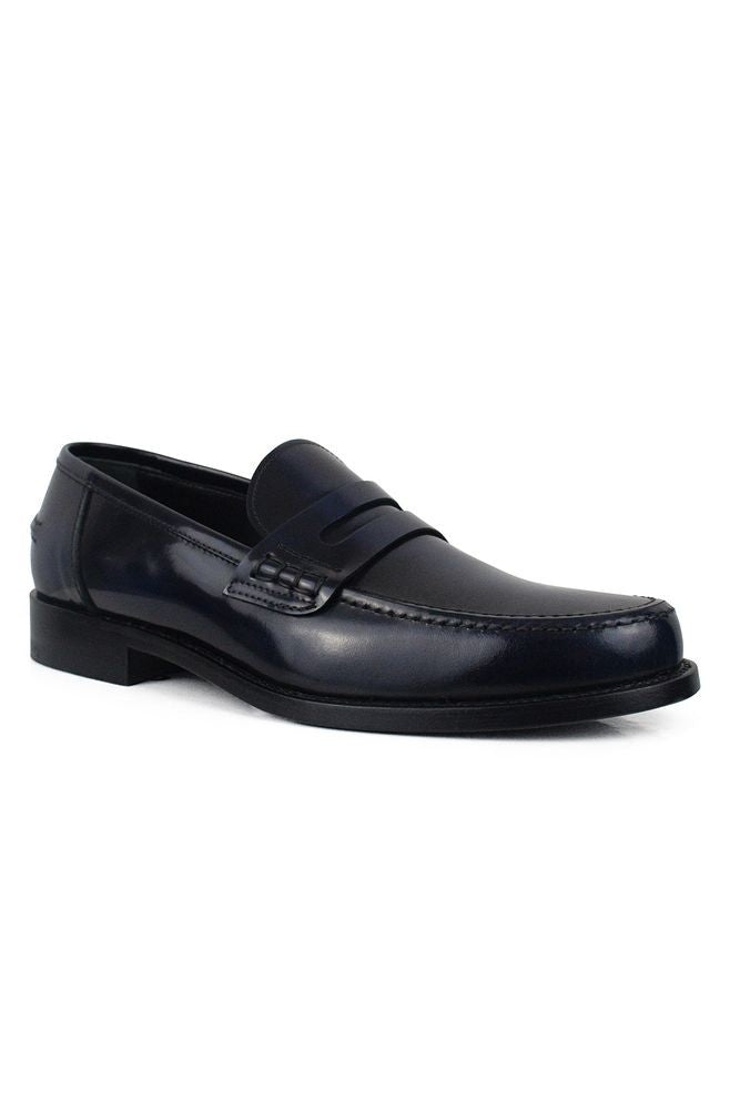 Alberto Polished Blue Calfskin Leather Loafers