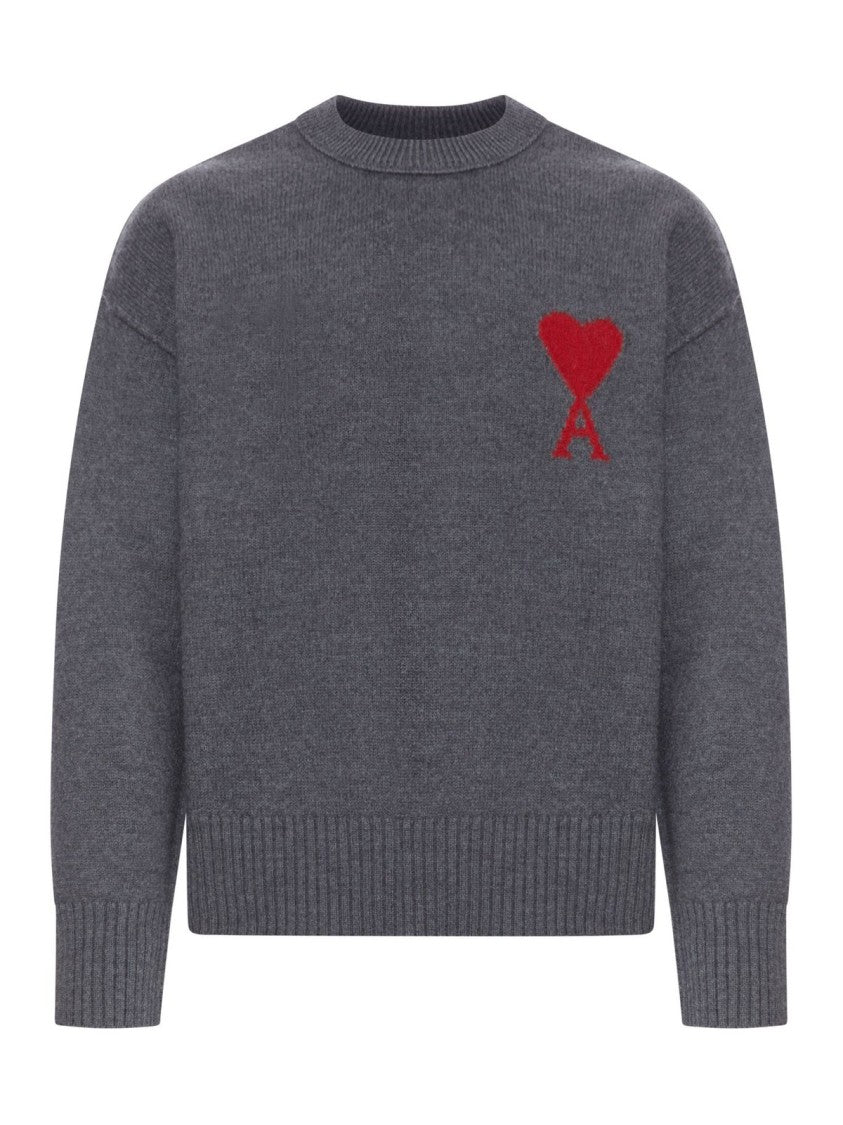 Ami Paris Dark Grey Wool Sweater With Crew Neckline