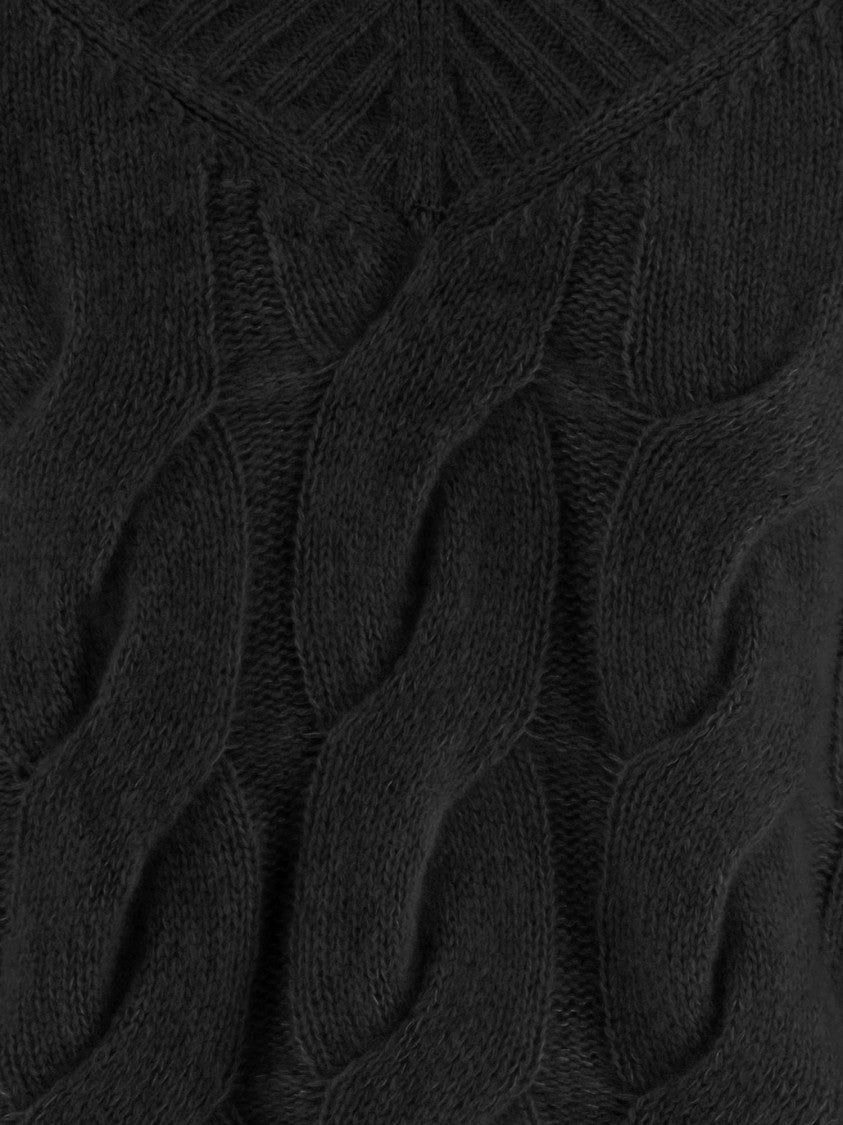 Allude Black Cable Knit V-Neck Cashmere-Silk Sweater