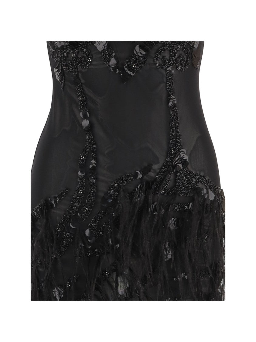 Just Cavalli Technical Jersey Mini Dress With Feathered Hem And Decorative Embellishments