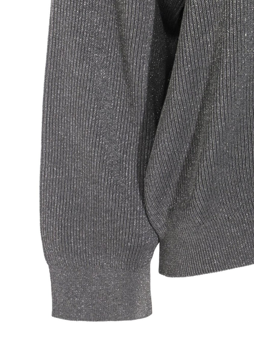 Brunello Cucinelli Relaxed Fit Grey Sweater With Subtle Shimmer And Ribbed Detailing