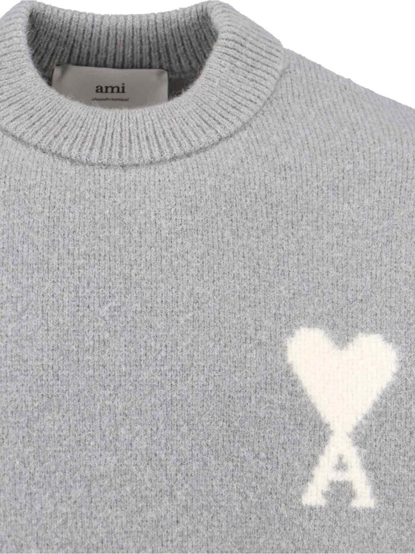 Ami Round Neck Sweater With Logo Detail And Ribbed Finishes