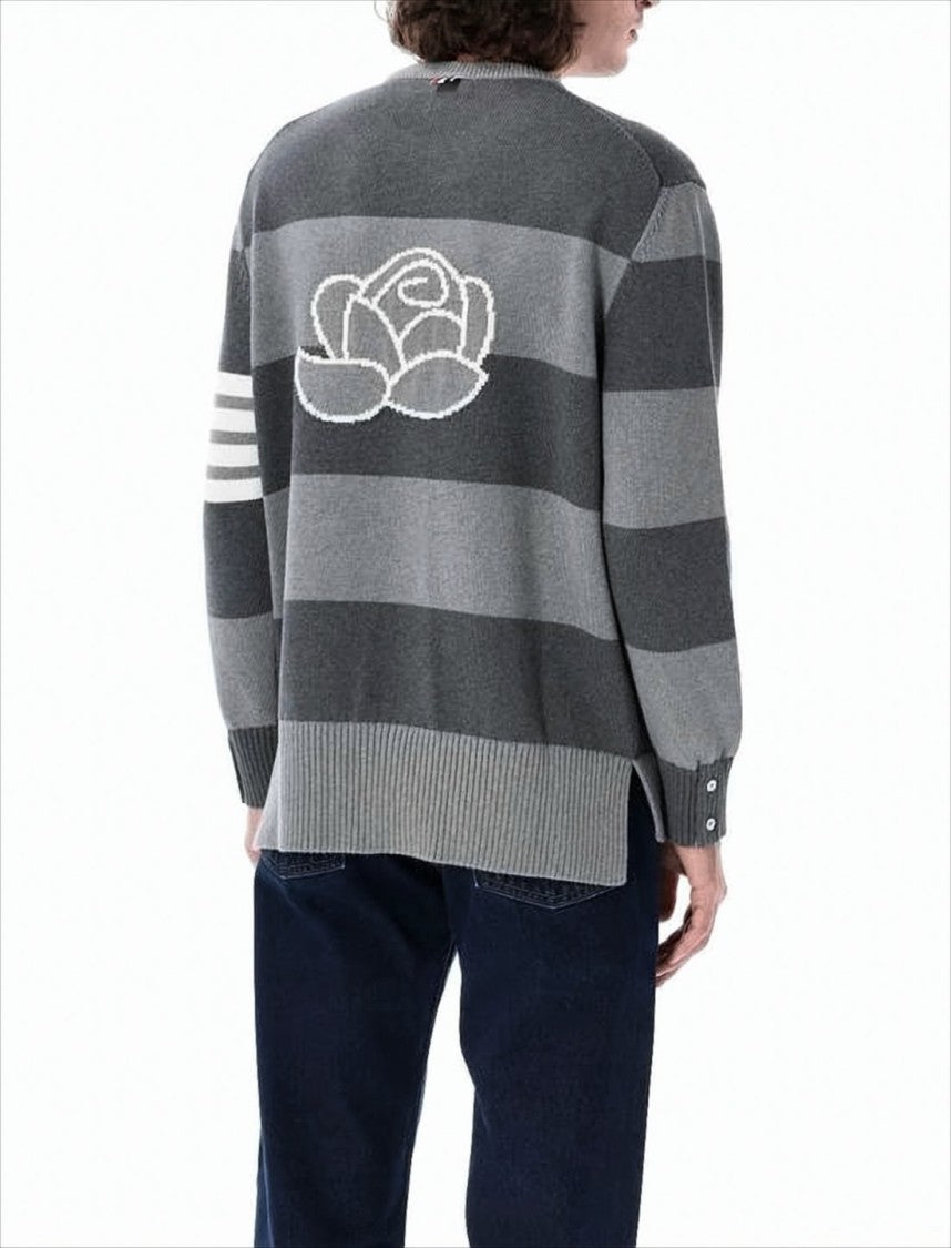 Thom Browne Relaxed Fit Grey Striped Knitted Sweater With Rose Motif