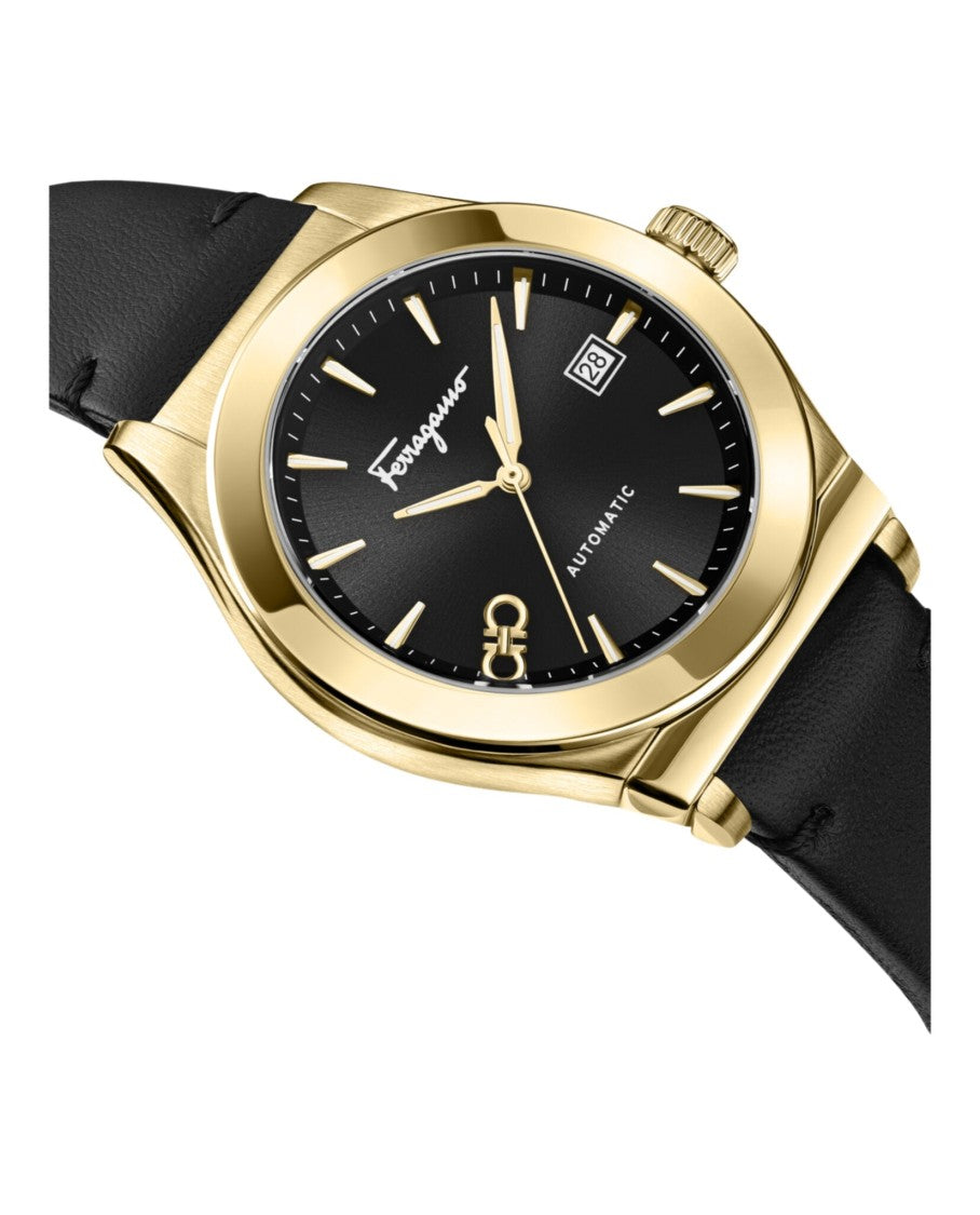 Ferragamo 1927 Automatic Watch With Black Sunray Dial And Calf Leather Strap