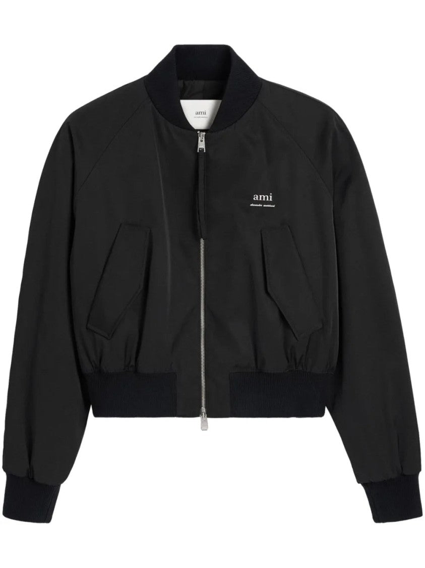 Ami Cropped Black Bomber Jacket With Ribbed Cuffs