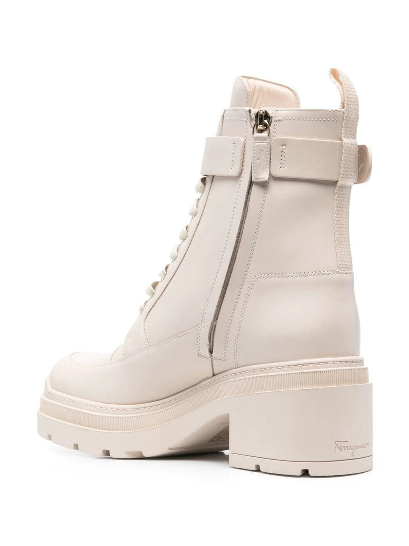 Salvatore Ferragamo White Lober Leather Lace-Up Front Ankle Boots