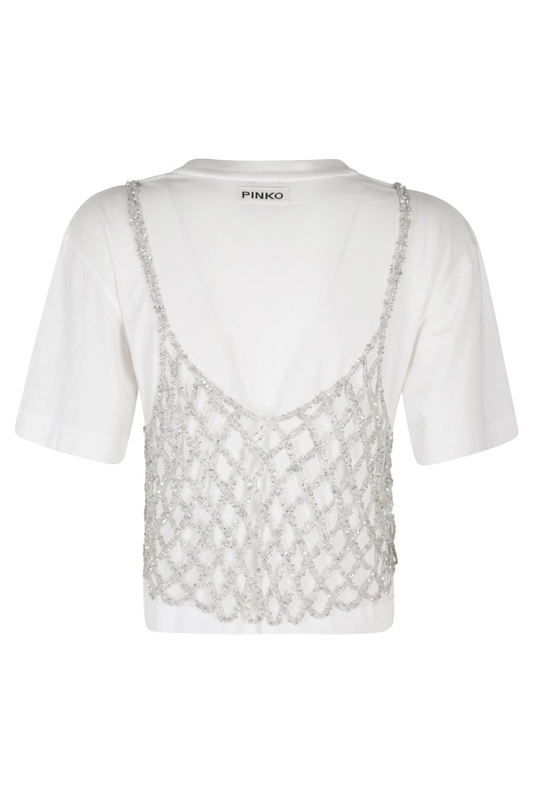 Pinko Metalized Crochet Mesh Overlay Top - White