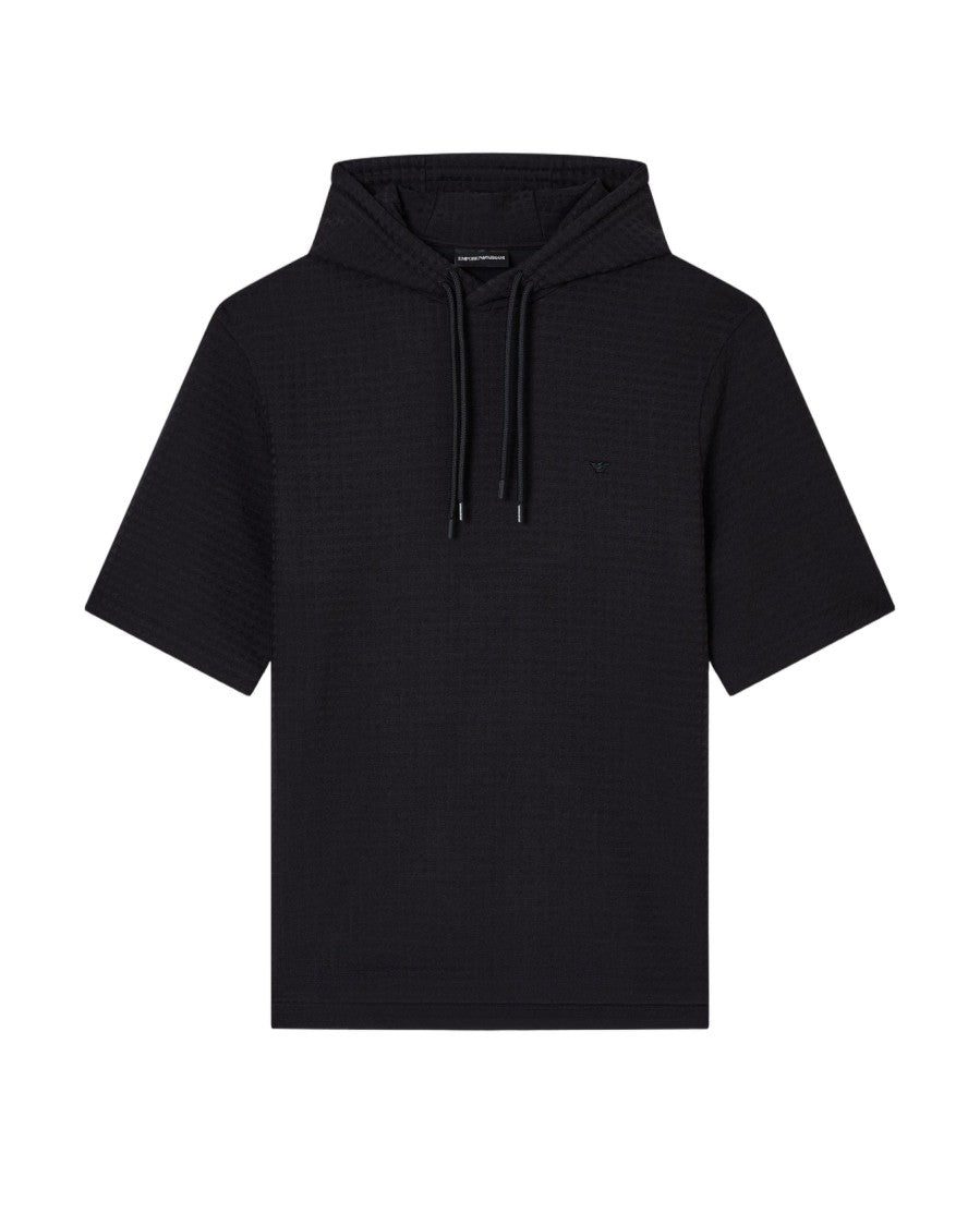 Emporio Armani Black Jacquard Knit Sweatshirt With Drawstring Hood And Micro Eagle Embroidery