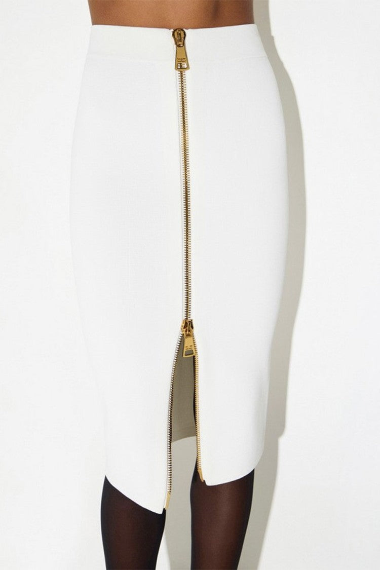 Elisabetta Franchi Ivory Viscose-Polyamide Blend Zip-Detail Pencil Skirt