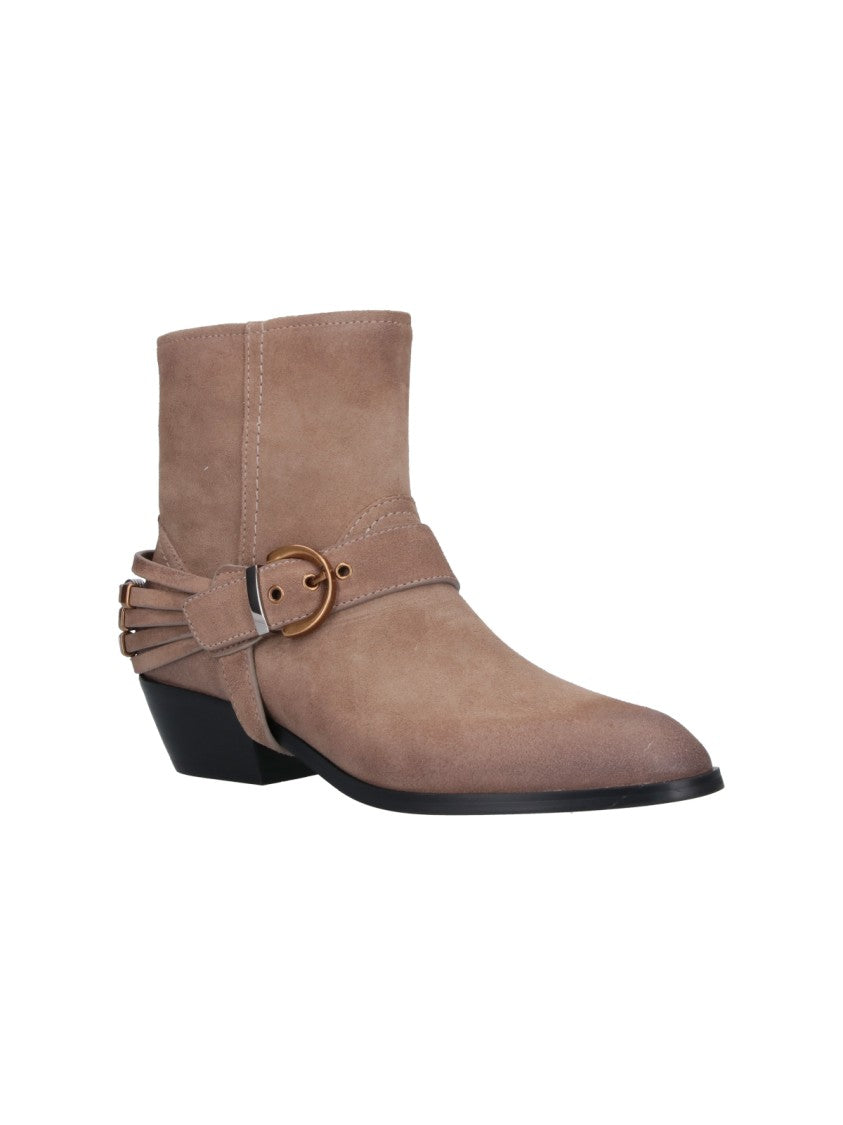 Pinko Beige Buckle Suede Boots