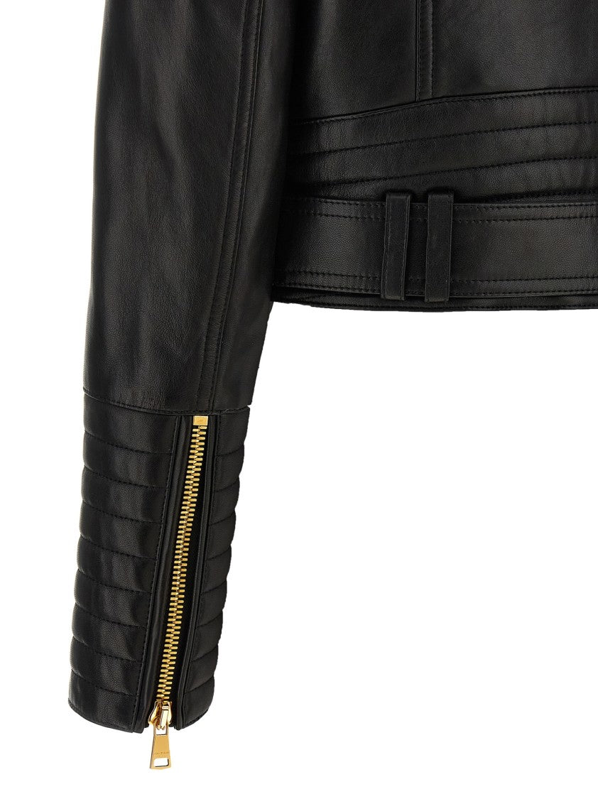 Balmain Biker Crop Leather Jacket With Zip Detail