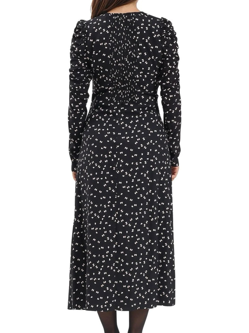 Mar De Margaritas Black Midi Dress With Gathered Sleeves And Floral Pattern