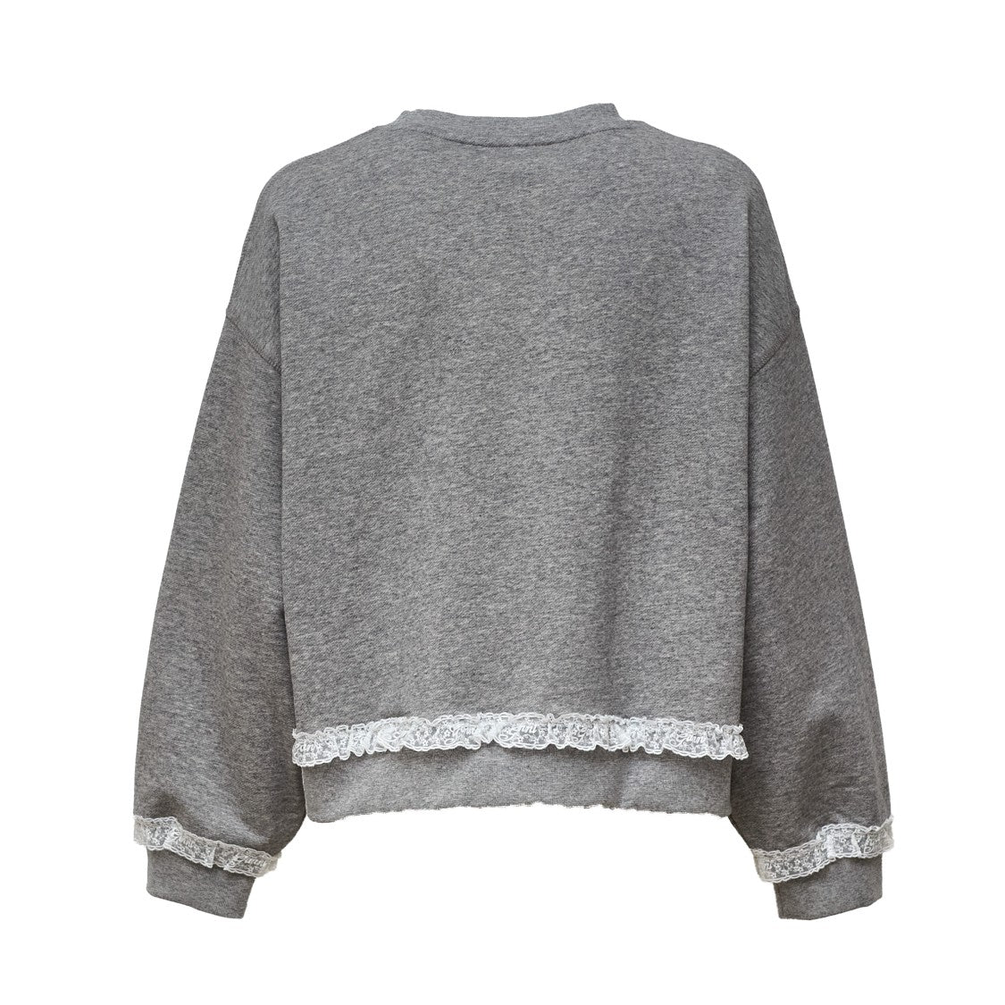 Ganni Cropped Grey Sweater With Lace Trim And Logo Patch
