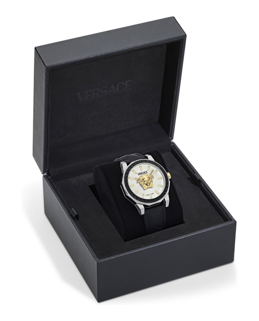 Versace Medusa Deco Leather Watch With Silver Guilloche Dial